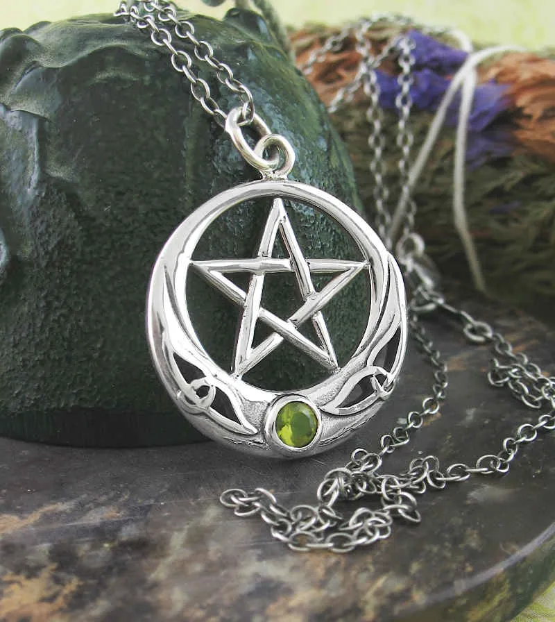 Pentacle with Upturned Crescent Moon & Green Glass Pendant