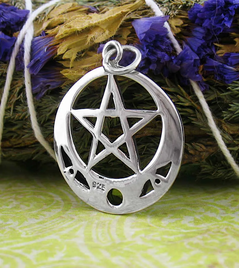 Pentacle with Upturned Crescent Moon & Green Glass Pendant