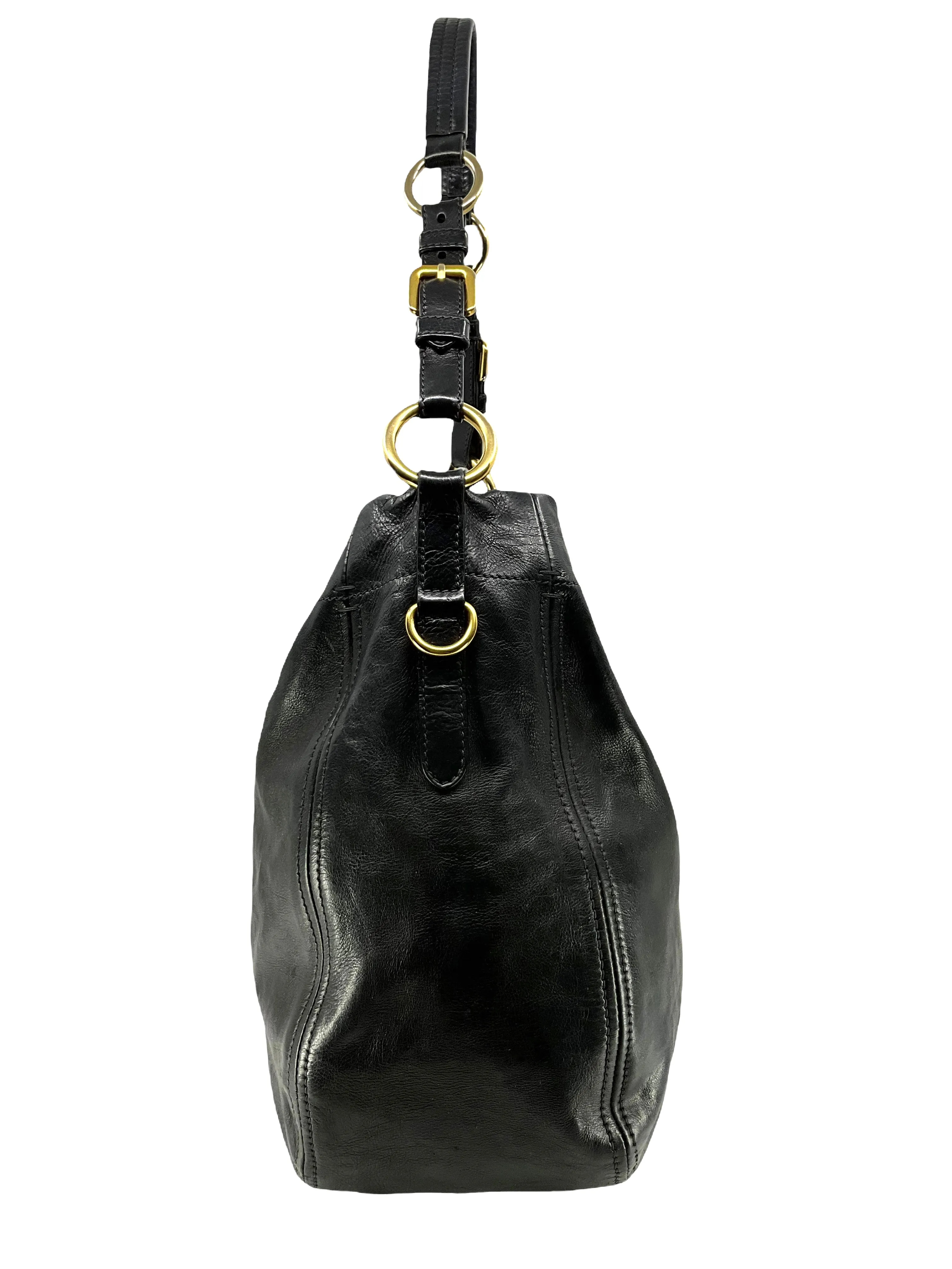 Stylish Prada Black Glace Calf Leather Hobo Bag