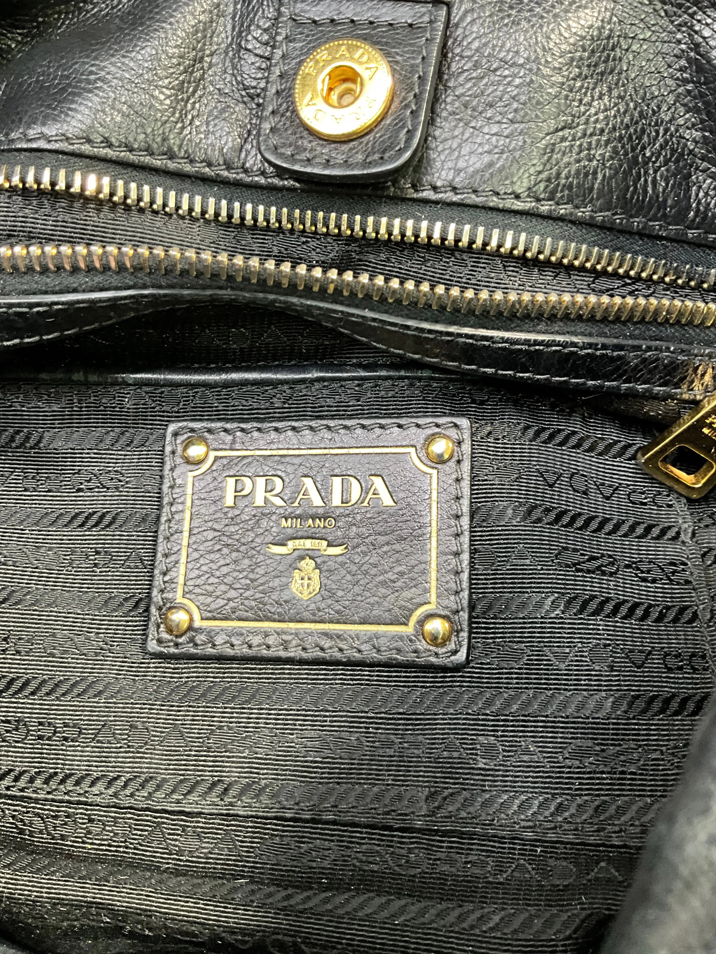 Stylish Prada Black Glace Calf Leather Hobo Bag