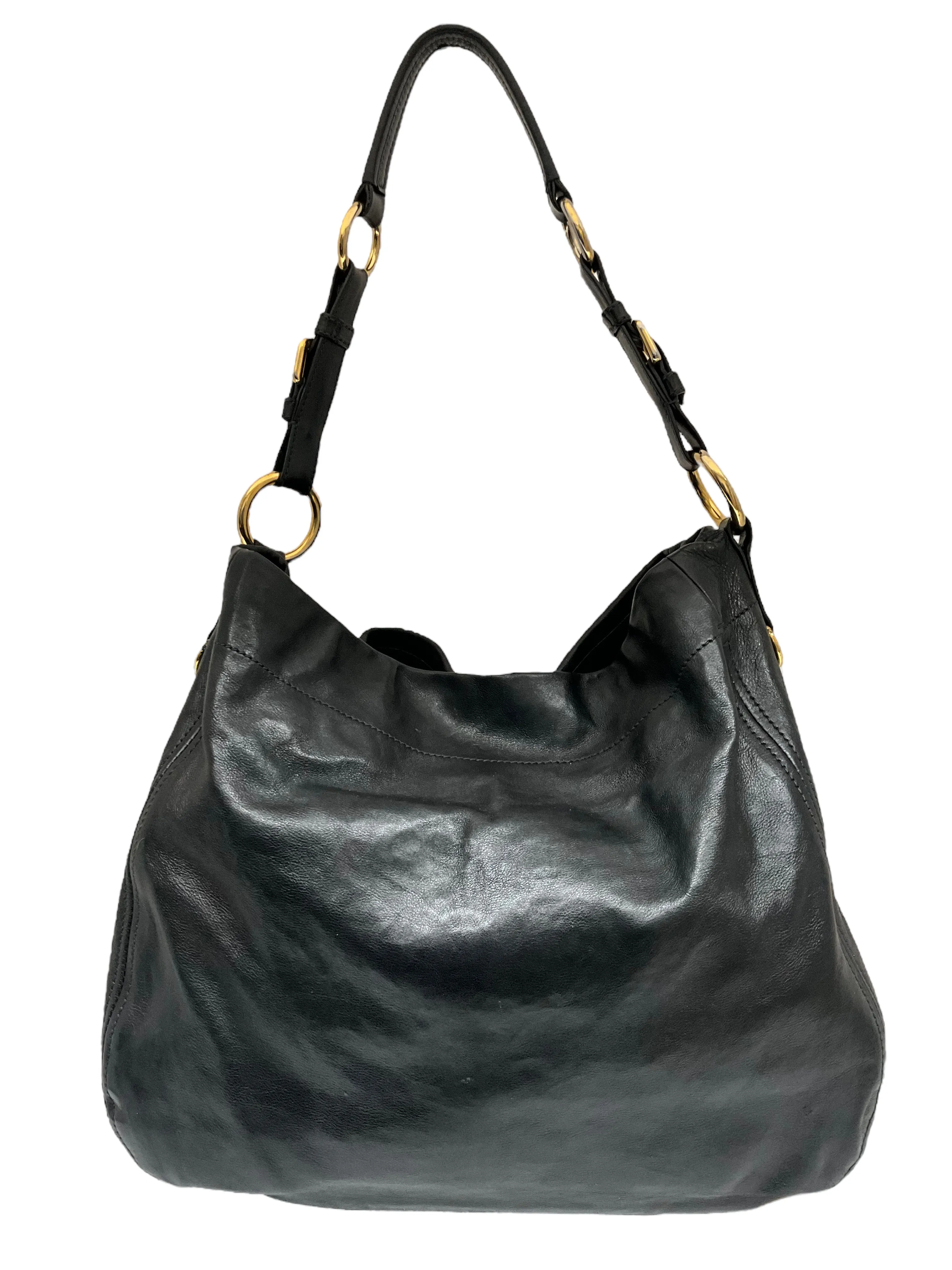 Stylish Prada Black Glace Calf Leather Hobo Bag