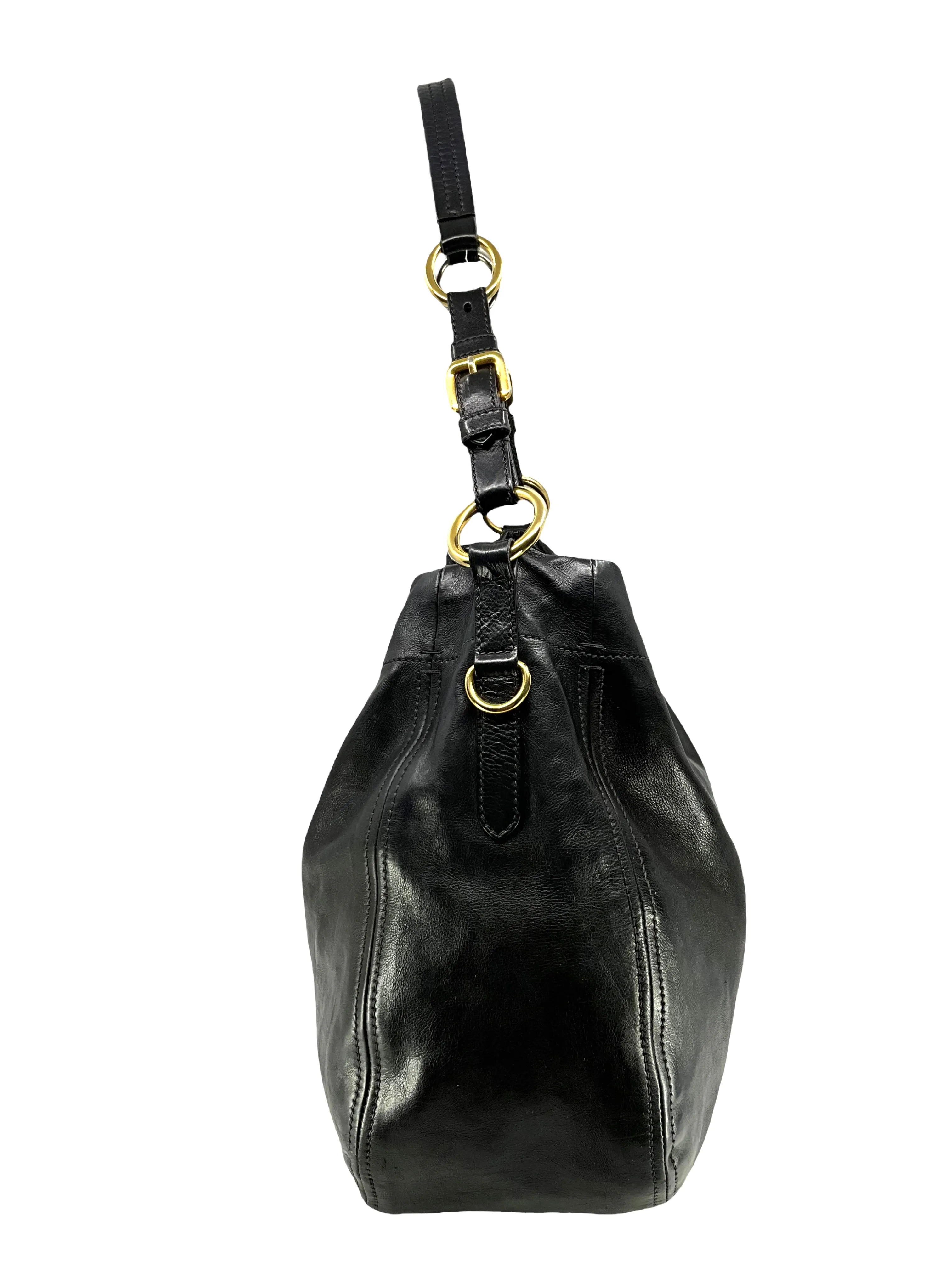 Stylish Prada Black Glace Calf Leather Hobo Bag