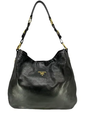 Stylish Prada Black Glace Calf Leather Hobo Bag