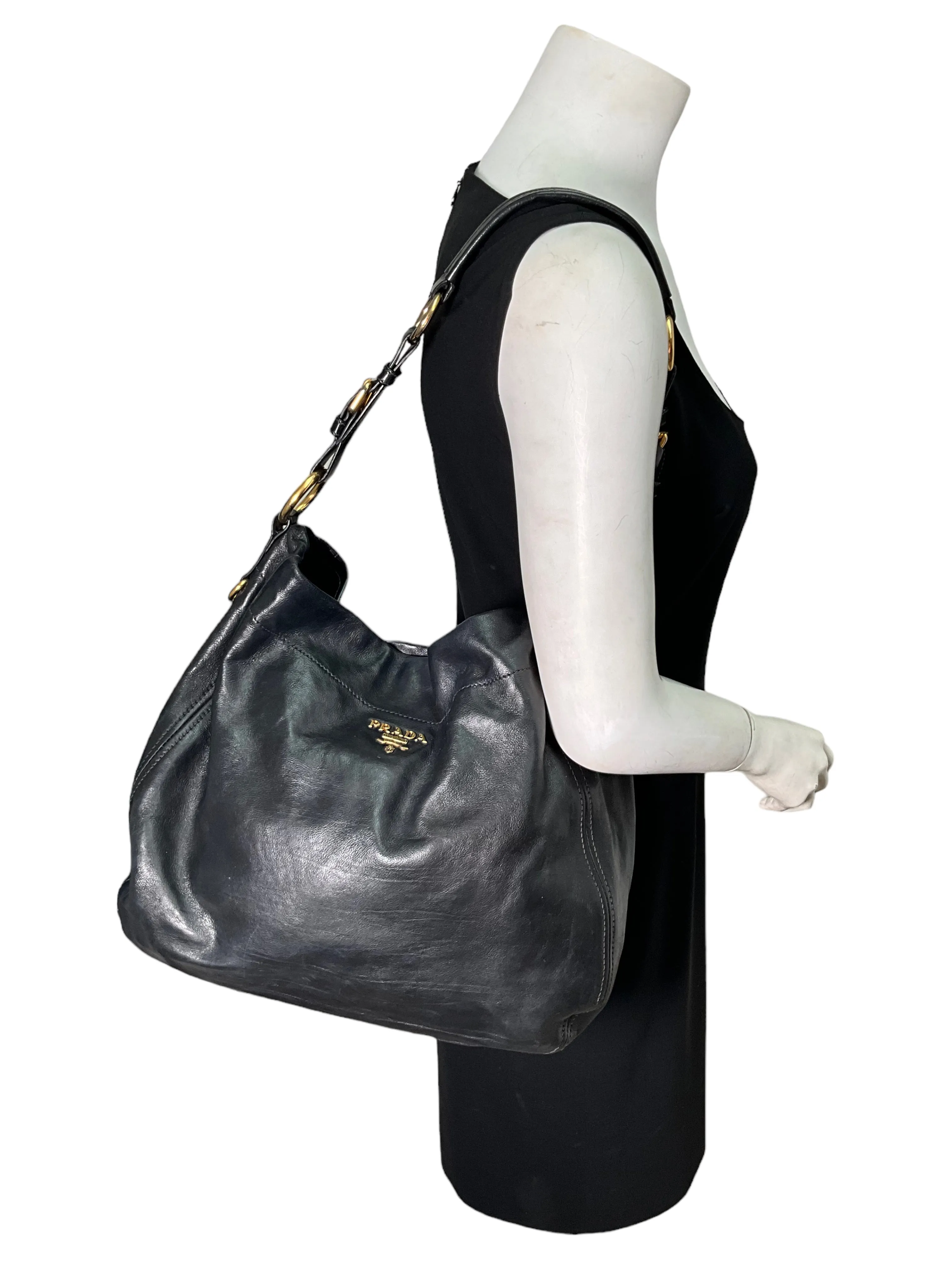 Stylish Prada Black Glace Calf Leather Hobo Bag