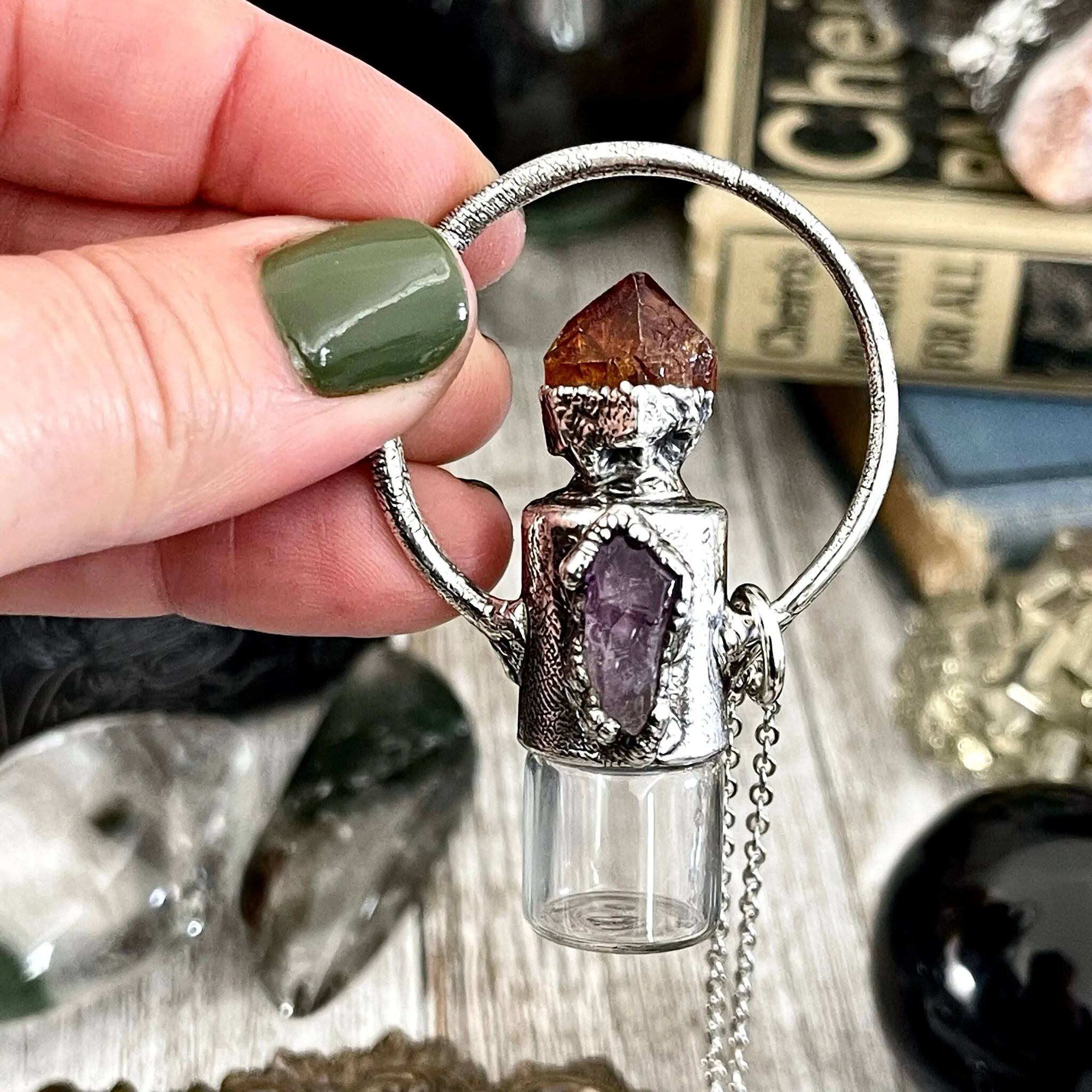 Raw Citrine and Amethyst Crystal Necklace / Silver Crystal Rollerball Necklace