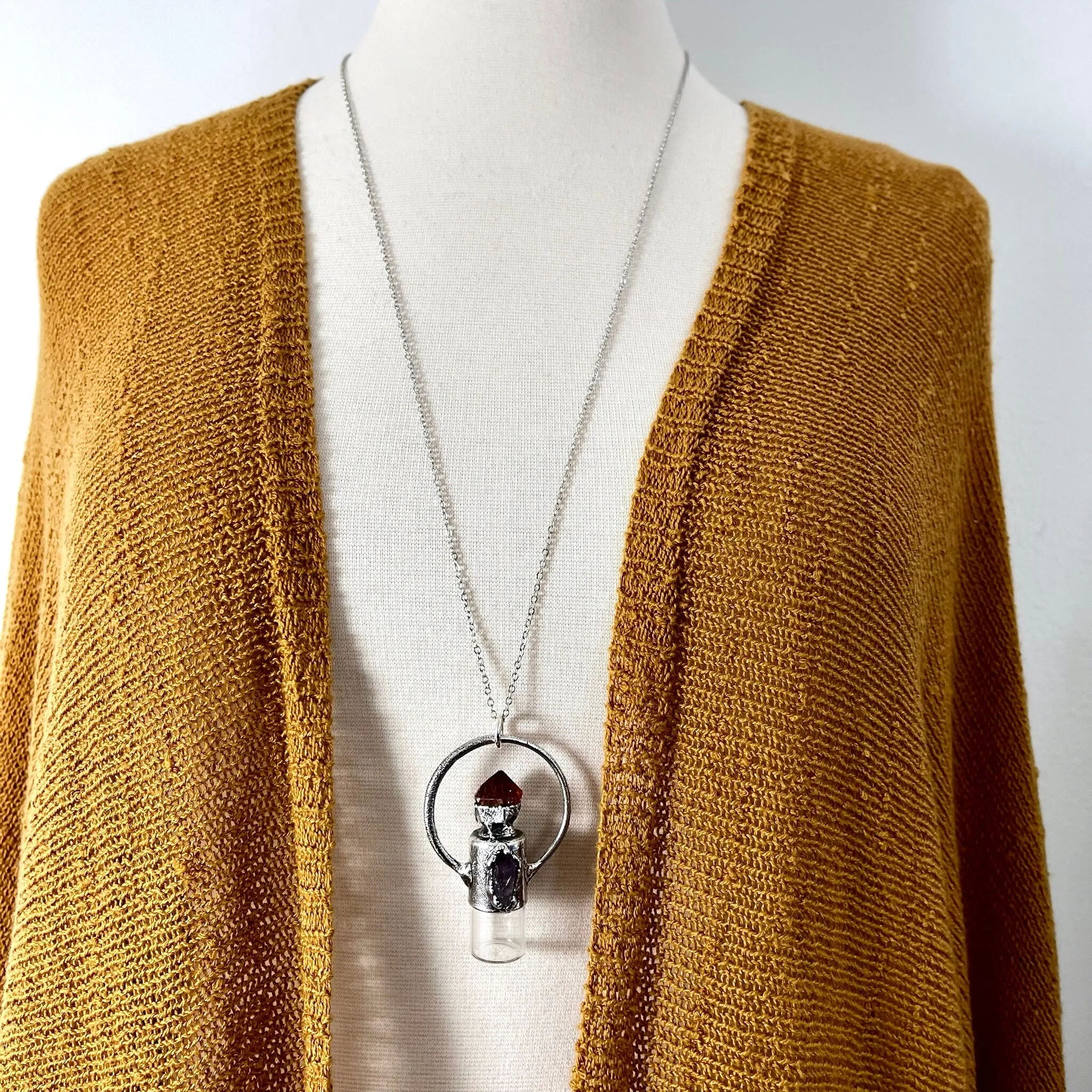 Raw Citrine and Amethyst Crystal Necklace / Silver Crystal Rollerball Necklace