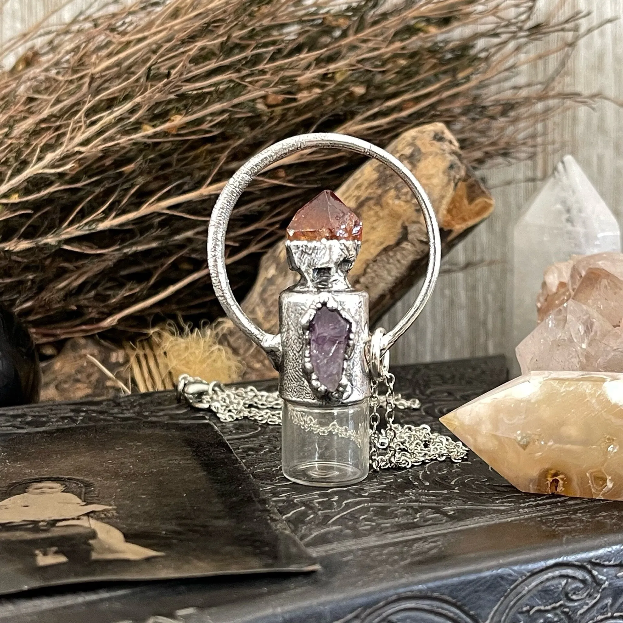 Raw Citrine and Amethyst Crystal Necklace / Silver Crystal Rollerball Necklace