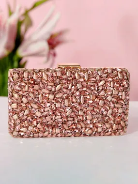 Rubans Rose Coloured Box Clutch With Brown Studded Stone Design.