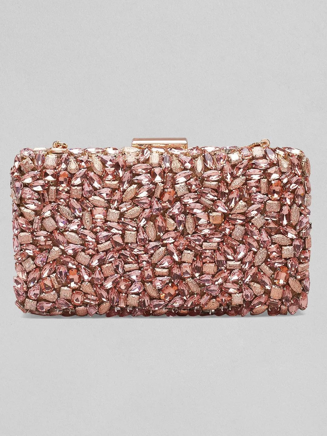 Rubans Rose Coloured Box Clutch With Brown Studded Stone Design.