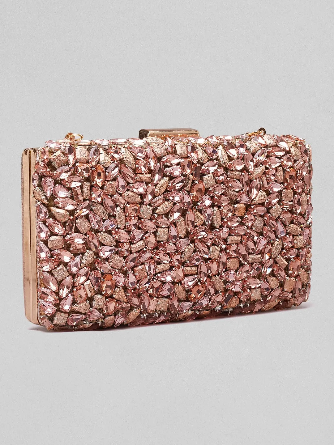 Rubans Rose Coloured Box Clutch With Brown Studded Stone Design.