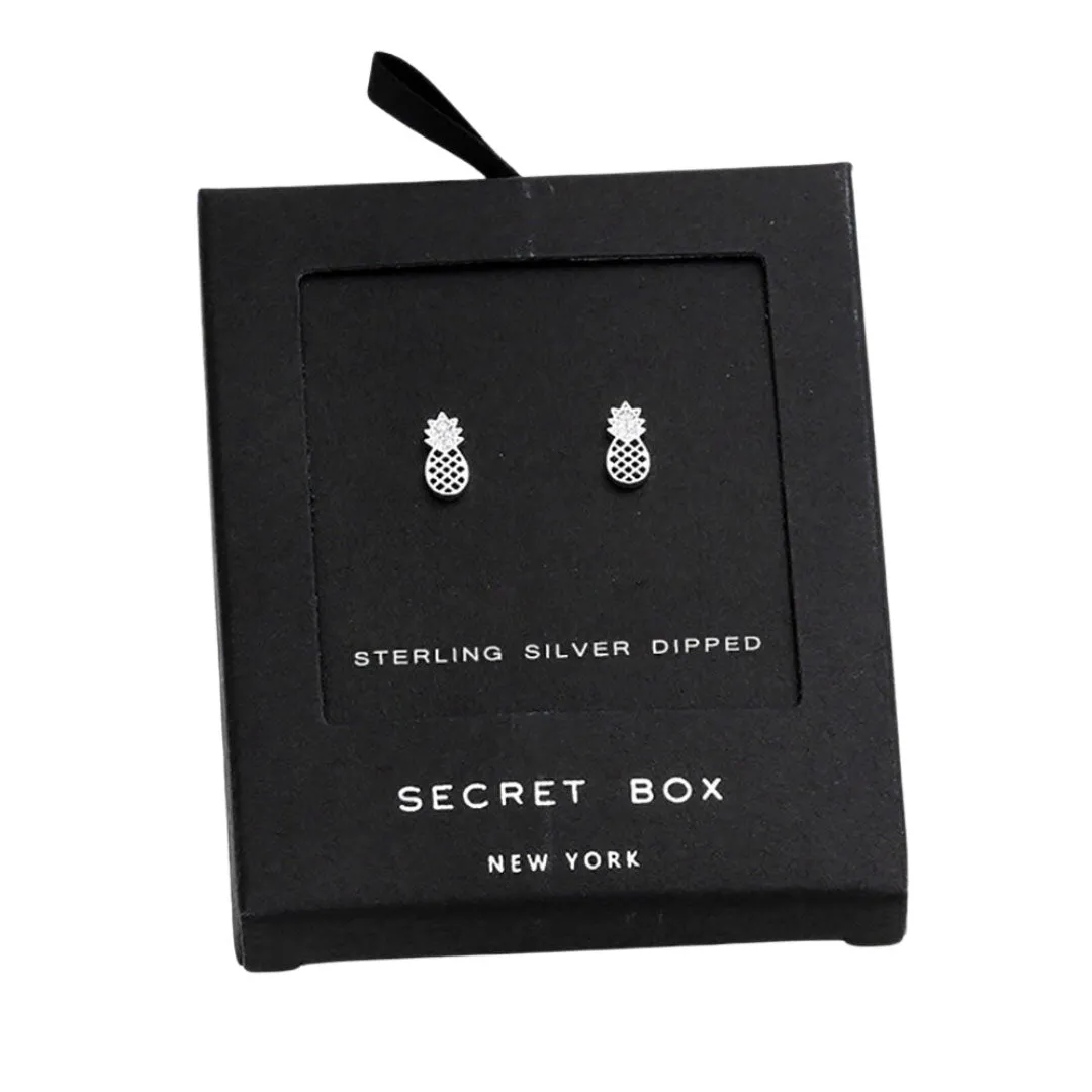 Secret Box Sterling Silver Dipped CZ Pineapple Earrings