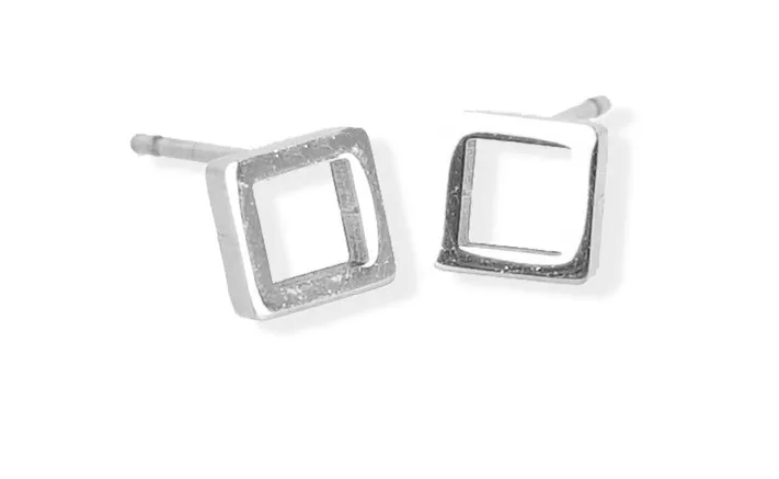 Small Stud Silver Earrings - Open Square