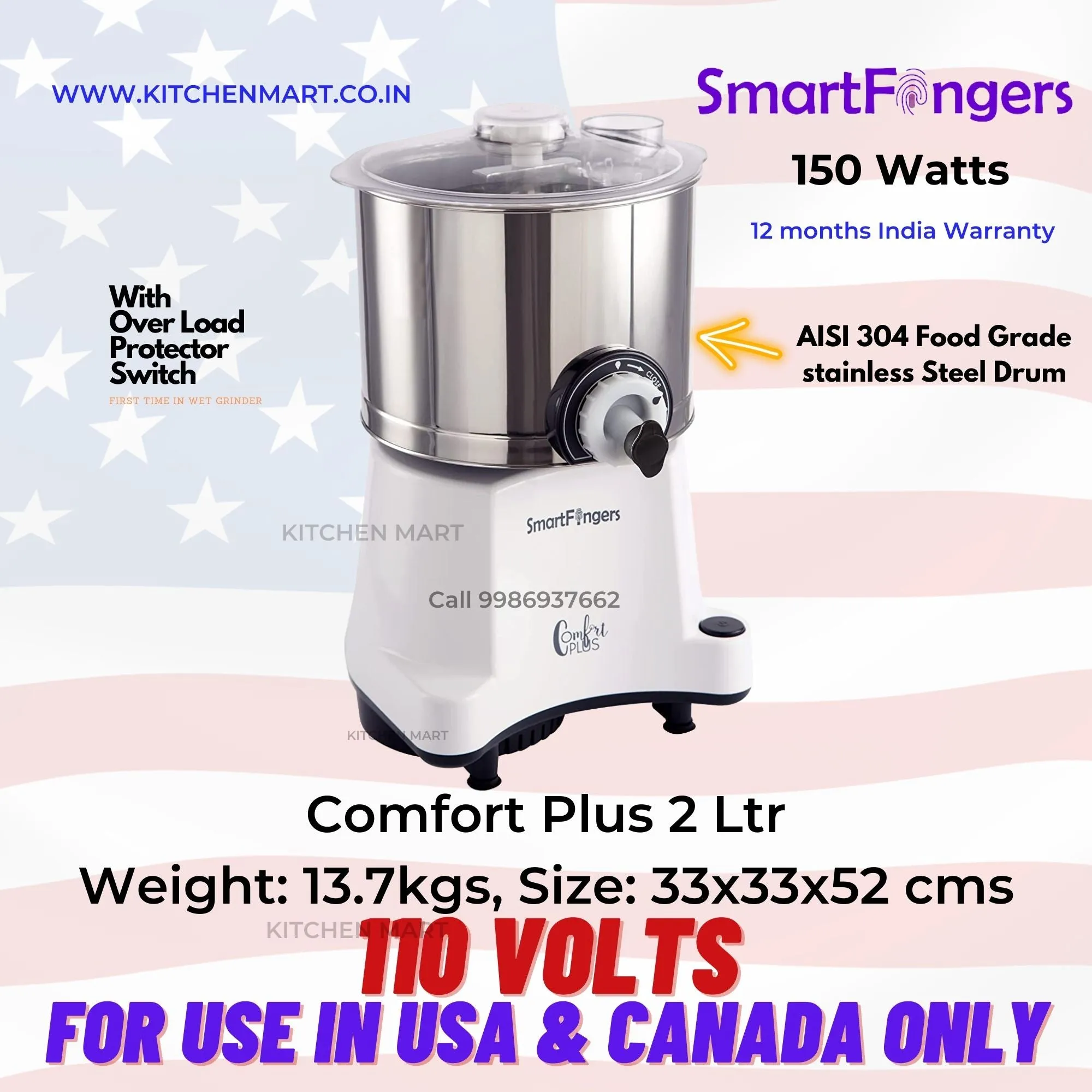 SmartFingers Comfort Plus Table Top Wet Grinder , 2 Liter, 110Volts for use in USA & Canada Only