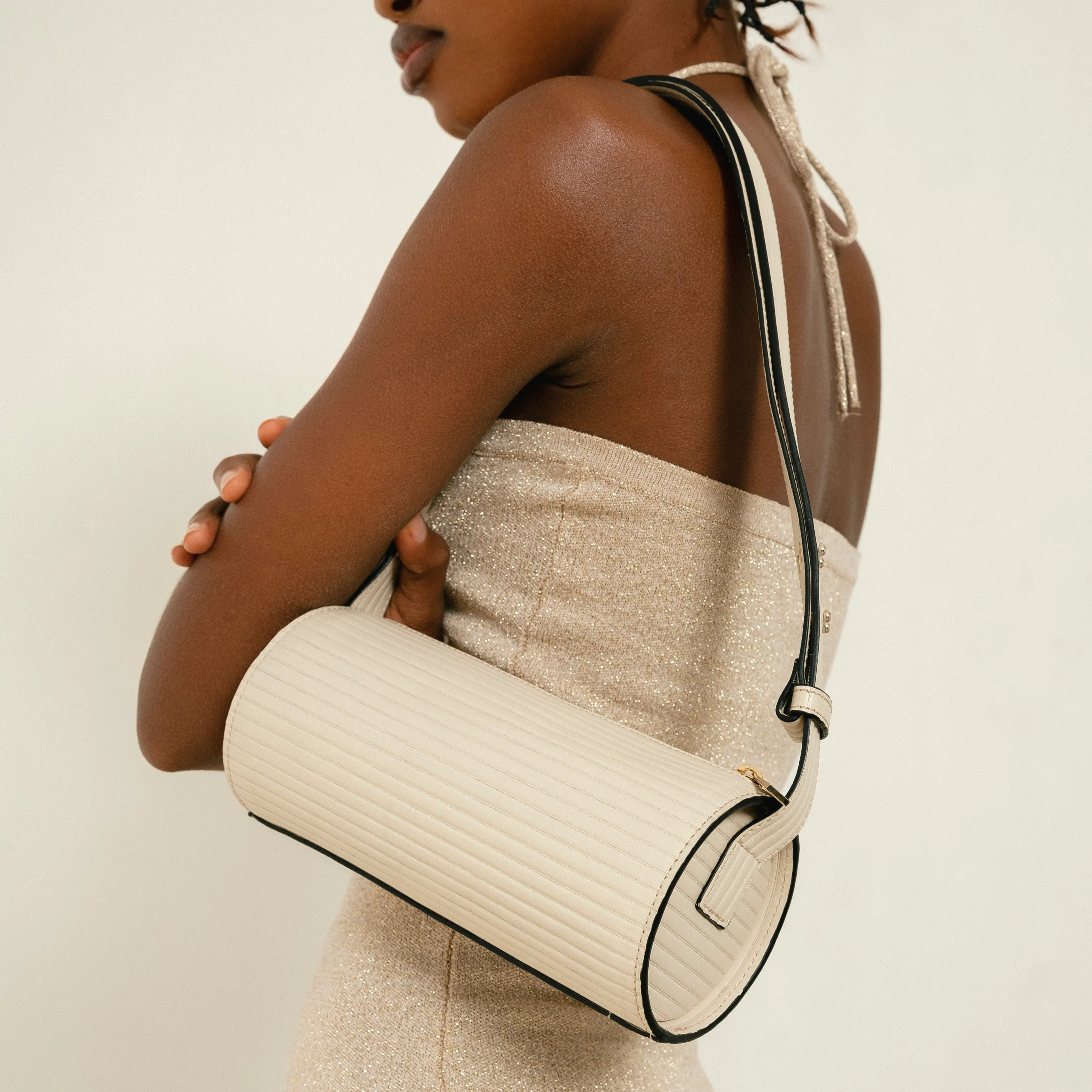 The I Pleated Cream Leather Shoulder Bag