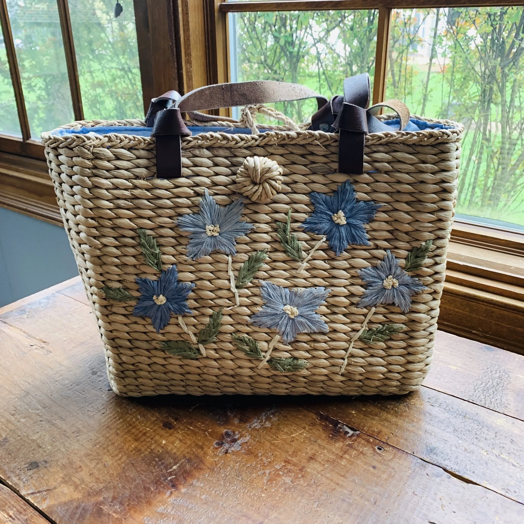 Vintage Straw Purse with Blue Floral Pattern. Perfect Summer Bag.