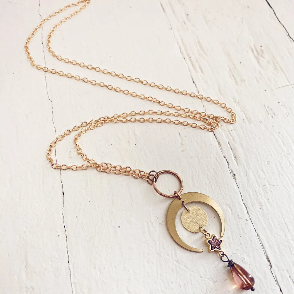 wanderstar // full moon, crescent moon, druzy star & czech glass bead pendant