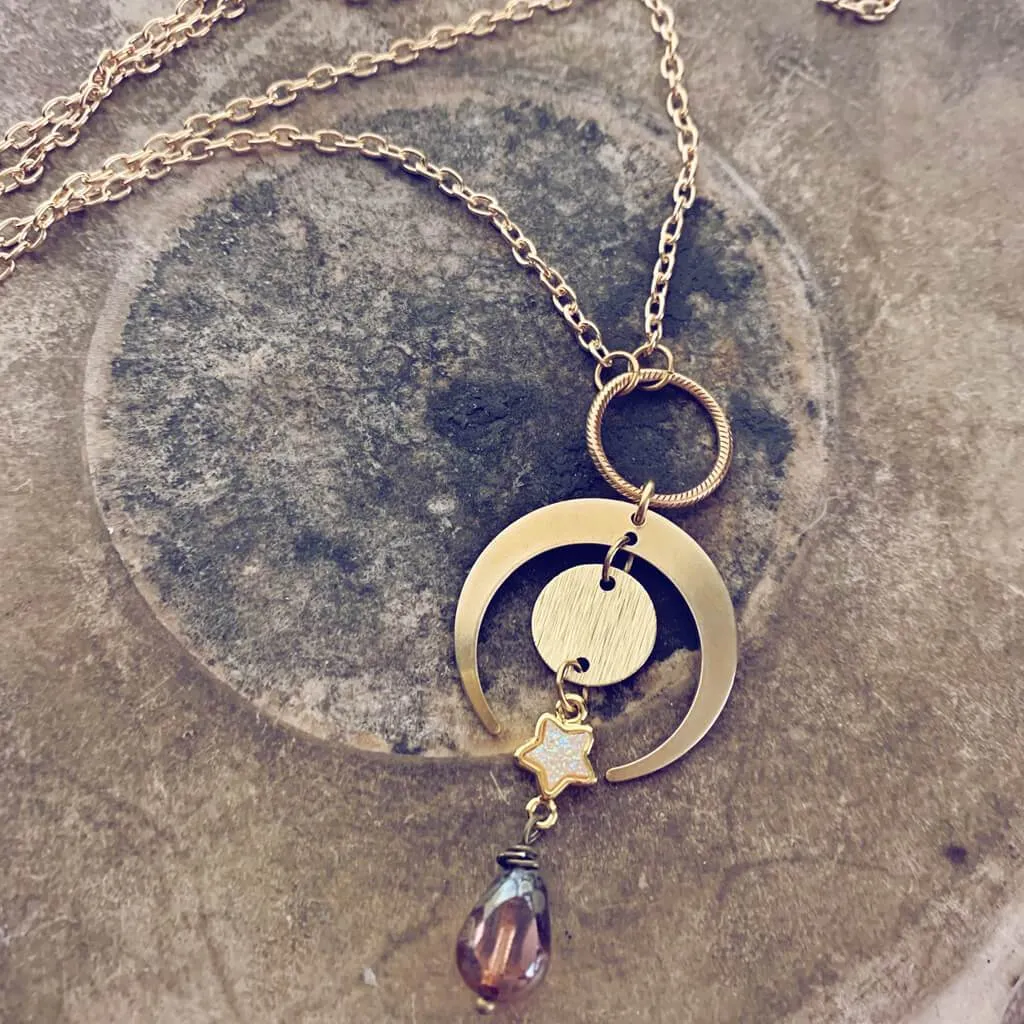 wanderstar // full moon, crescent moon, druzy star & czech glass bead pendant